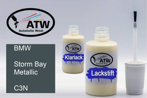 BMW, Storm Bay Metallic, C3N: 20ml Lackstift + 20ml Klarlack - Set, von ATW Autoteile West.